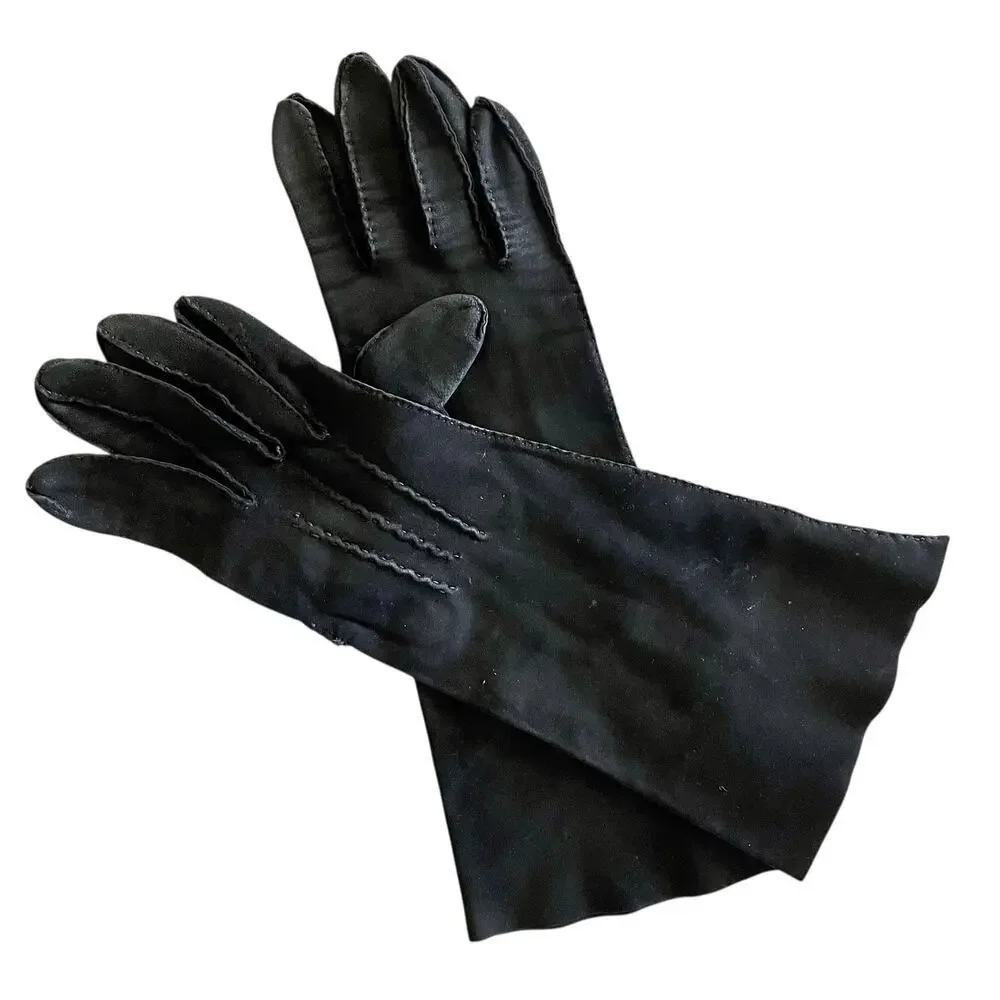 Vintage Leather-Tailored Black Fabric Forearm Long Evening Gloves Size 7
